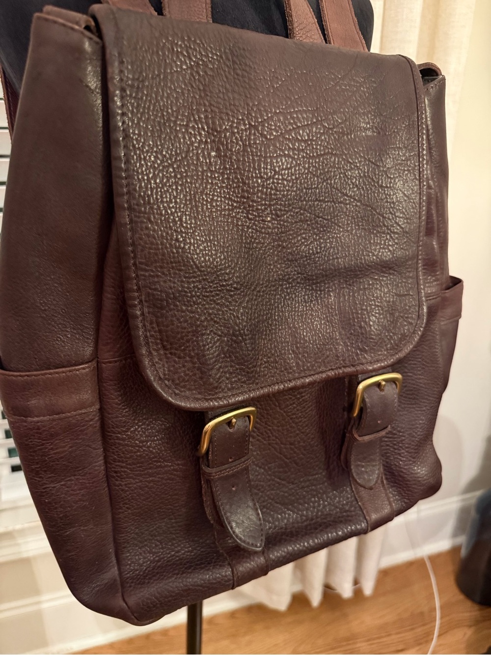 GAP Dark Brown Leather Flap Backpack with Brass Buckles